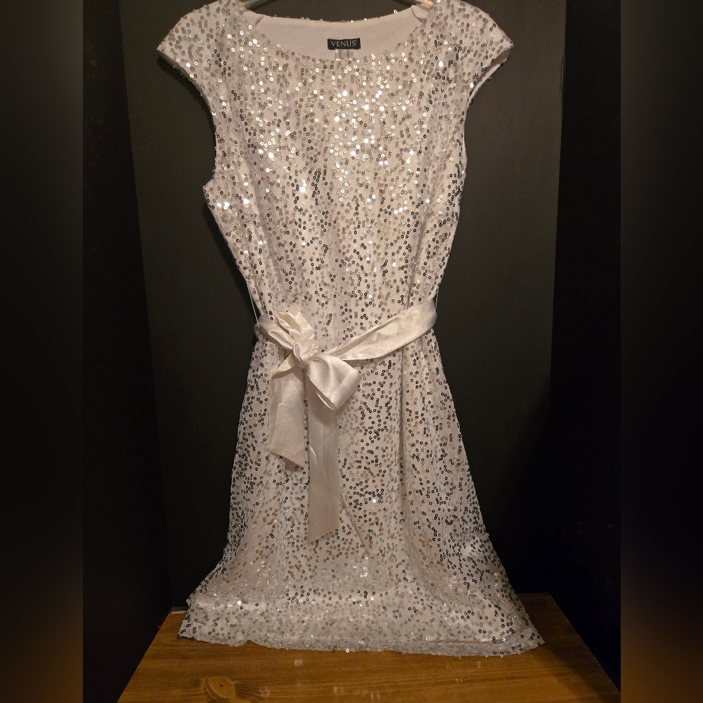 Sequin White Dress with Satin Belt
